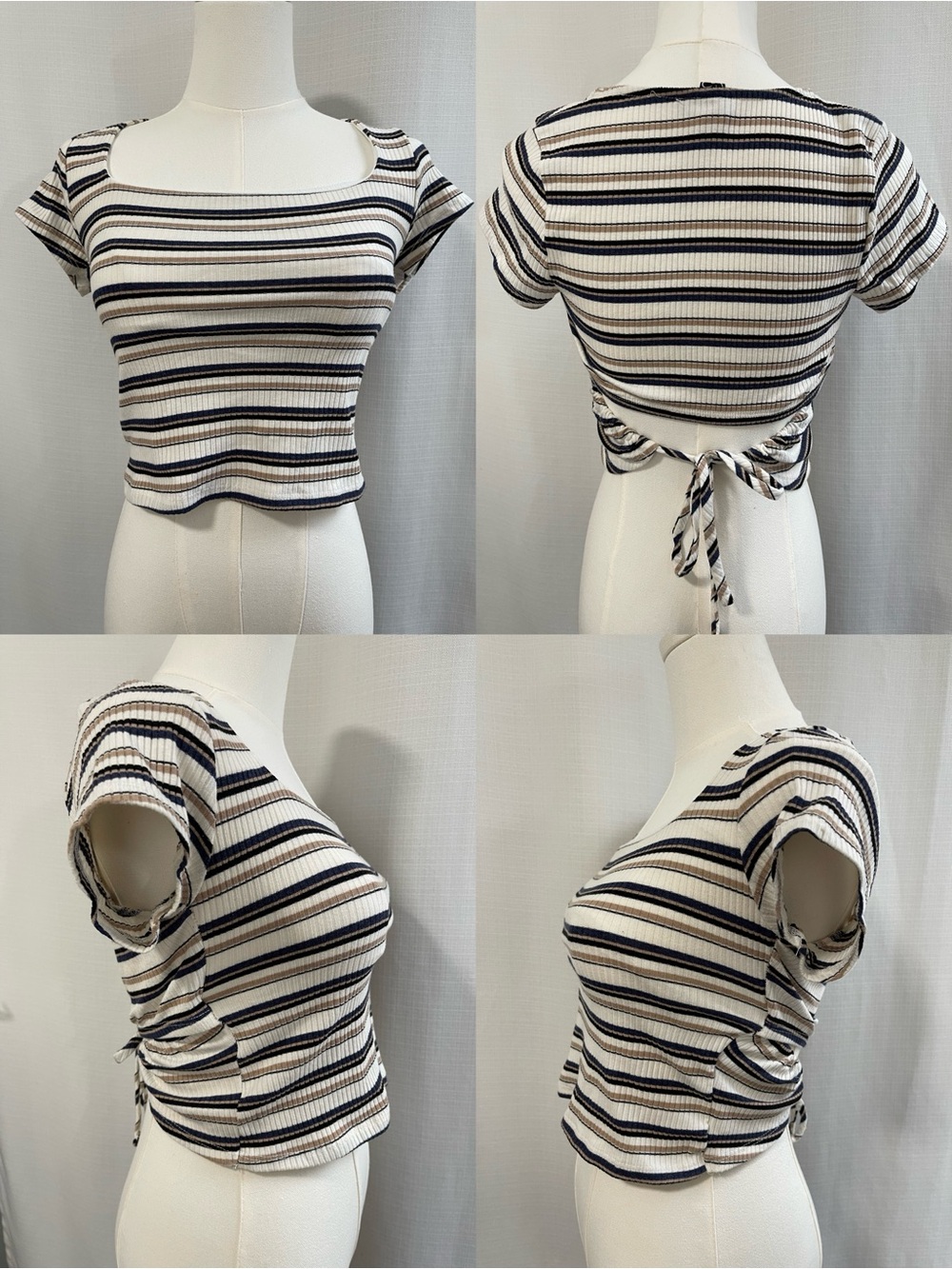 Open Tie Back Striped Ribbed Crop Top Square Neck Short Sleeve Medium Windsor